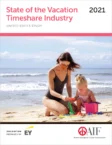 A woman and child play in the sand on a beach. Cover text reads "State of the Vacation Timeshare Industry 2021" by AIF and EY.