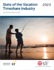 A report cover titled "State of the Vacation Timeshare Industry 2023" features two people fishing by the ocean at sunset.